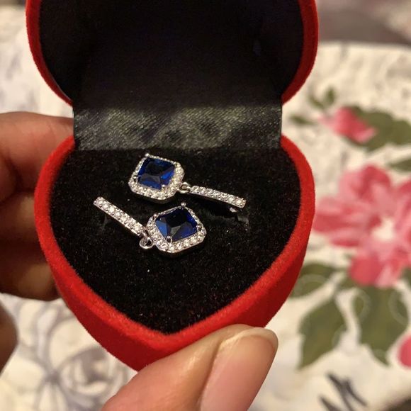 White Gold Blue Gem Square Drop Earrings - Picture 5 of 8